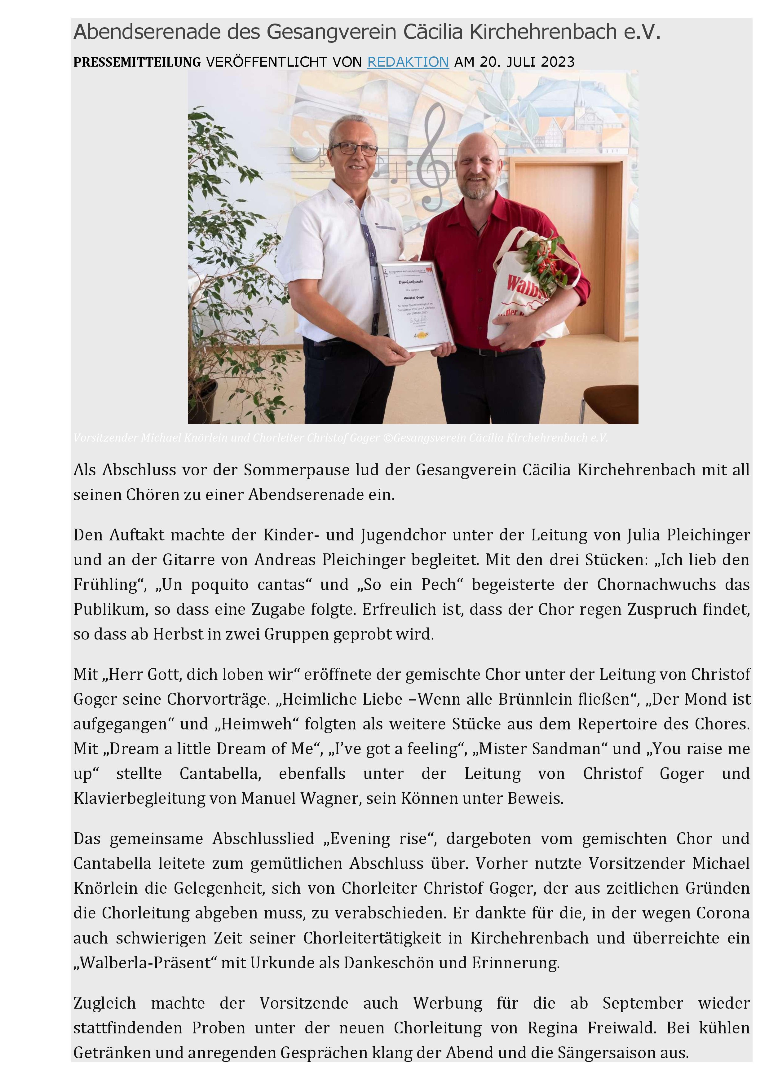 Pressebericht Abendserenade des Gesangverein Cäcilia Kirchehrenbach 16.07.2023